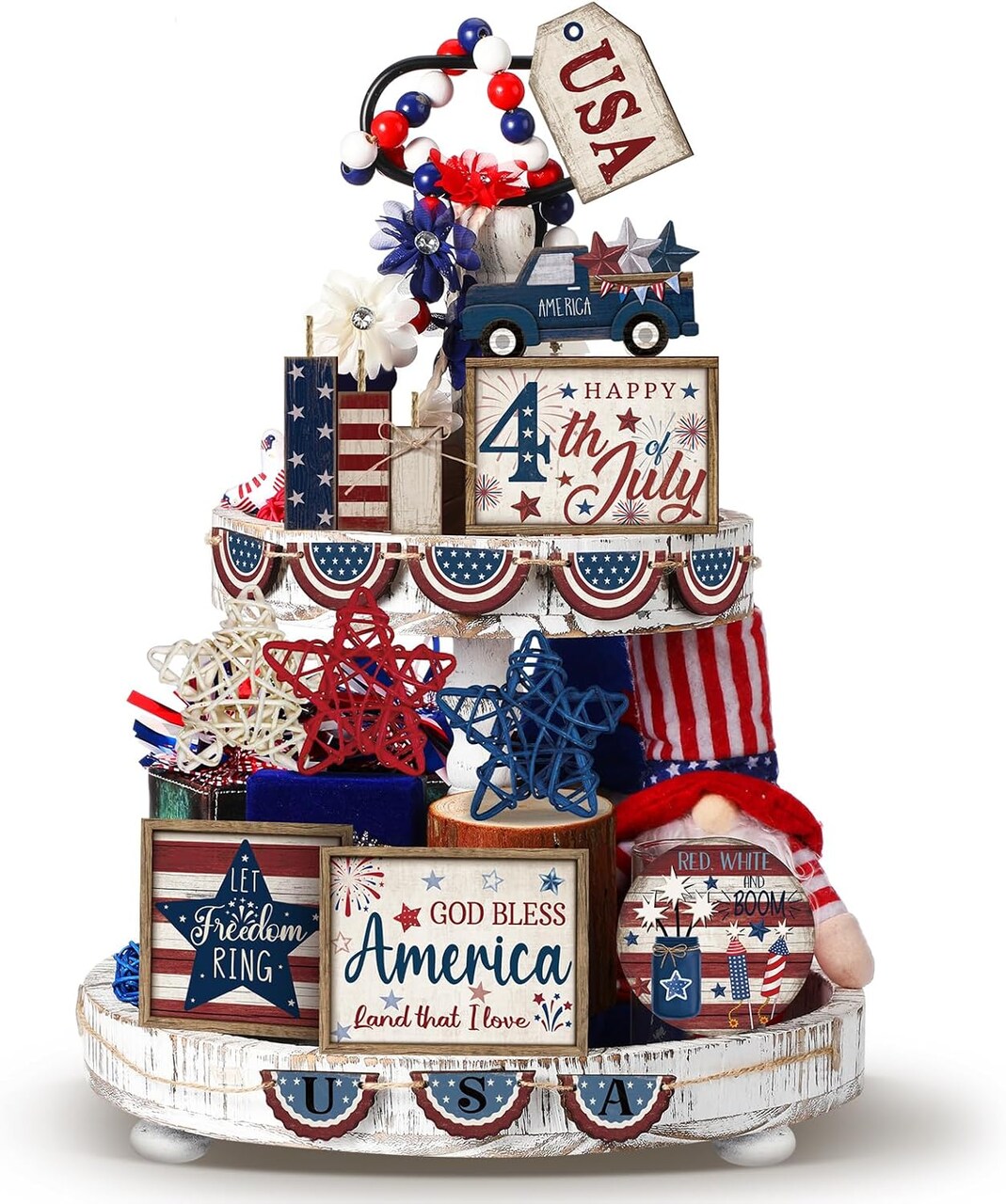 20 Pcs 4th of July 250th Anniversary Patriotic Tiered Tray Decor Set – Rustic USA Flag Wooden Signs for Independence Day, Memorial Day & Labor Day Home Decorations